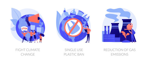 Zero waste vector icons set. Fight climate change, single use plastic ban, reduction of gas emissions metaphors. Global warming problems solutions. Vector isolated concept metaphor illustrations