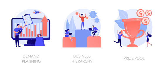 Fototapeta premium Business development and improvement flat icons set. Start up launching strategy. Demand planning, business hierarchy, prize pool metaphors. Vector isolated concept metaphor illustrations.