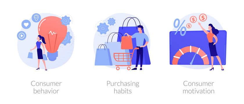 Buyer persona and purchase decision process. Customer buying, shopping habits. Consumer behavior, purchasing habits, consumer motivation metaphors. Vector isolated concept metaphor illustrations.