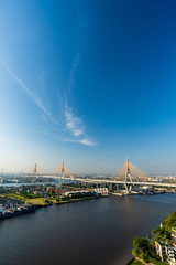 Bhumibol suspension bridge over Chao Phraya River in Bangkok city, Thailand