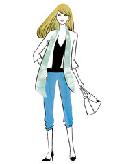 スカーフをつけて白いバックを持った女性