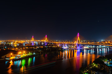 Fototapeta na wymiar Bhumibol suspension bridge over Chao Phraya River at night in Bangkok city, Thailand