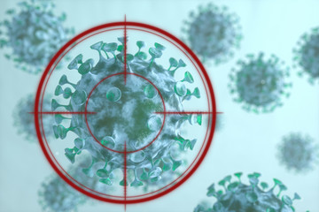 Dispersed corona viruses with aiming target, 3d rendering