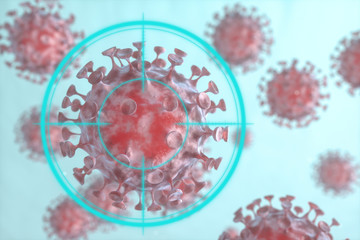 Dispersed corona viruses with aiming target, 3d rendering