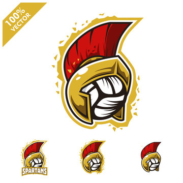 Volleyball ball with Spartan helmet logo vector illustration for club or team. Scalable and editable 4 variation vector.