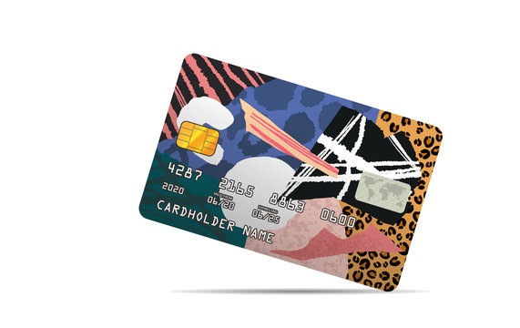 Cartoon colorful abstract print for credit card isolated on white background. Creative collage cute printable creative template with floral elements, grunge texture and leopard pattern, hand draw