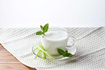 Airan or kefir drink, fermented milk drink, fermented probiotics on a white background
