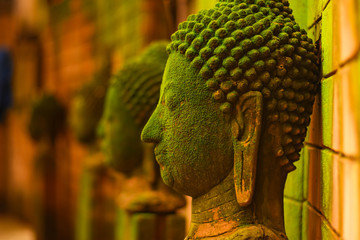 The old and decaying Buddha statue was placed outdoors, with green moss.