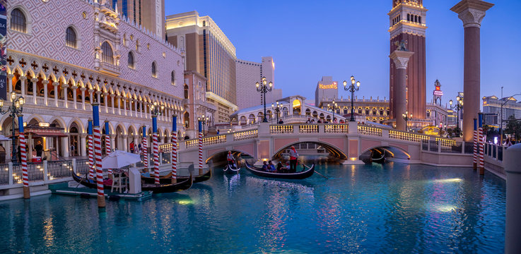 Las Vegas, NV / USA - June 7, 2018: Details of the grounds and architecture of the beautiful Venetian Hotel and Casino in Las Vegas. The Venetian is famed for its gondolier rides.