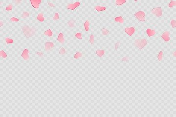 Valentine's day card with falling pink hearts on transparent background. Vector