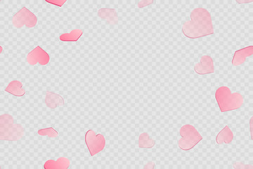 Valentine's day card with falling pink hearts on transparent background. Vector