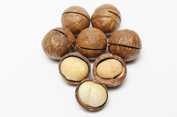 dried Macadamia nuts on white background