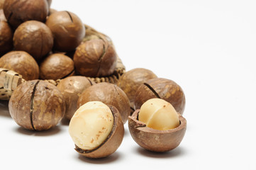 dried Macadamia nuts on white background