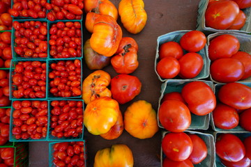 Containers of colorful tomatoes in bulk at the farmers market