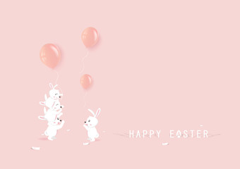 Happy Easter, adorable rabbit with balloons party, celebration confetti on the floor, minimal style greeting card, banner poster vector illustration