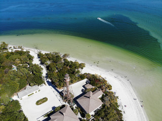 Aerial landscape view of the lighthouse and lighthouse beach on Sanibel Island in Lee County, Florida, United States