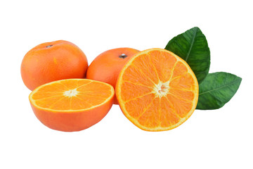 Orange fruit with half and leaves isolated on white background