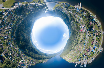 360 degree panoramic aerial drone view of of an abstract world turned inside out planet earth with...
