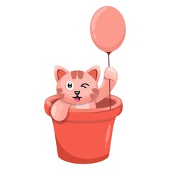 cute cat in a bucket with balloon cartoon vector