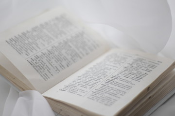 Fototapeta premium Pages with a translation of an old dictionary against an airy chiffon background