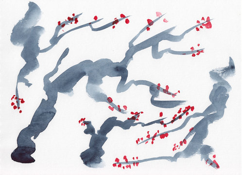 Watercolor landscape of blooming tree branches with red flowers in Chinese Ink technique. Hand drawn calm background for relaxation, meditation & restoration. Asian style sumie painting.