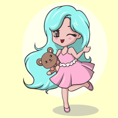 Cute little girl holding teddy bear and winking