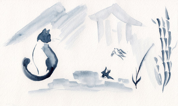 Stock watercolor landscape of cat and birds with bamboo tree & decorative elements in Chinese Ink technique. Hand drawn calm mountains background, restore meditation. Asian style sumi-e painting.