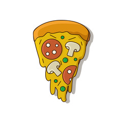 Pizza Slice outline icon. Spreading cheese, pepperoni and mushrooms.