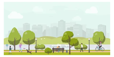  Openbare stadspark landschap vlakke afbeelding. Voorraad vector. Mensen ontspannen in het stadspark, wandelen, spelen met de hond, fietsen. © rhoeo