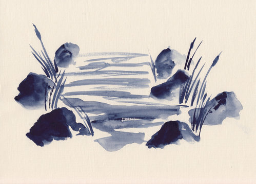 Watercolor painting of asian river, stones & cattail. Hand drawn peaceful oriental style landscape with calm pond. Chinese ink style concept for decoration, relaxation, restore, meditation background.