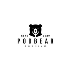 bear and mic podcast logo hipster retro vintage Premium Vector design template