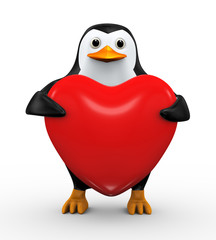 3d penguin holding heart