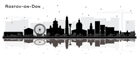 Rostov-on-Don Russia City Skyline Silhouette with Black Buildings and Reflections Isolated on White.