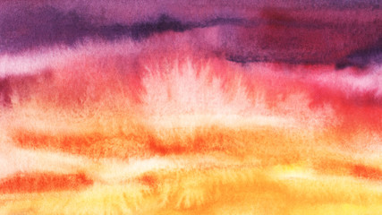 Abstract watercolor background. A rainbow gradient from yellow to red to purple. Sunset sky with clouds. Warm rich spectrum of colors. Light clouds. Hand drawn watercolor illustration