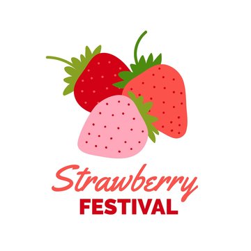 Strawberry plant background. Simple poster with fresh pink berries for Strawberry Festival. Cartoon flat design.