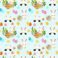 Seamless easter pattern with white bunny, rabbit with decorative ornamental eggs and spring bright flowers. Blue background