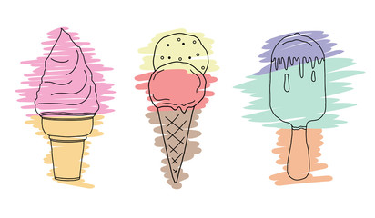 Ice cream colorful cartoon style, isolated on a white background. Set with different yummy desserts. Simple flat style vector illustration.