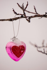 Pink heart ornament for Valentine's Day hanging on outdoor tree during snowfall