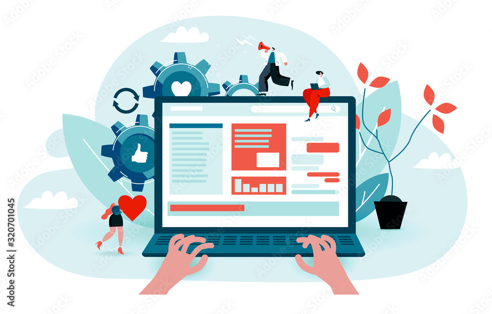 Fototapete user surfs the internet, reads the news portal. hands are typing on a laptop. little characters help