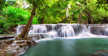 Beautiful waterfall in deep forest of Thailand, Breathtaking view of Huay Mea Kamin waterfall, Located Kanchanaburi, Thailand.