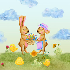 Easter watercolor card. A pair of rabbits in love on a green lawn are holding a basket with eggs and wildflowers. Against the clouds