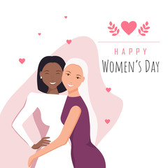 March 8, International Women's Day. Happy girls hugging. Love between the girls. 8 march, womans day, womens day background, womens day banners, womens day flyer, womens day design