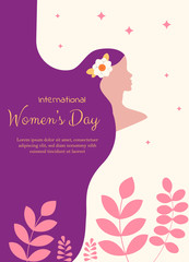 Elegant greeting card design with illustration of young girl for Happy Women's Day celebration. 8 march, womans day, womens day background, womens day banners, womens day flyer, womens day design