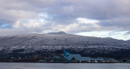 Cityscape View Winter Snow Covered Mountains Marina Skyscrapers