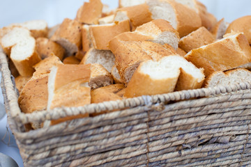 Bunch of sliced French breads in a basket. 
