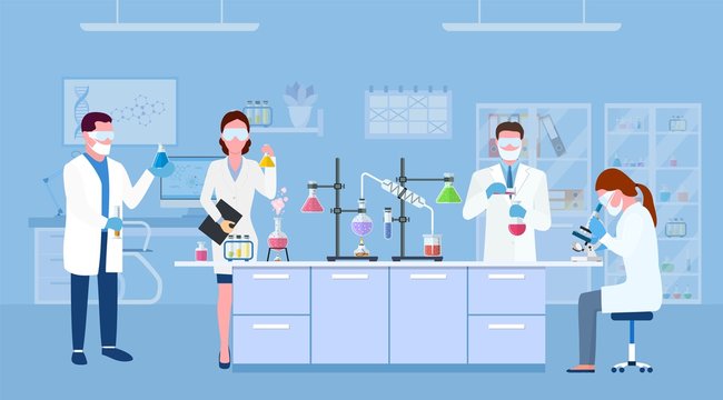Scientists in lab. Scientist people wearing lab coats, science researches and chemical laboratory experiments. Chemistry laboratories, microbiology research. Vector illustration in flat style.