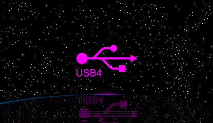 USB4 next-generation, doubles the bandwidth to extend USB-C performance. Multiple data and display protocols. Symbol in the firmament, and reflections on the water. Illustration, darkness and stars.