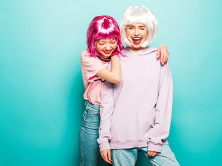 Two young sexy hipster girls in  wigs and red lips.Beautiful trendy women in summer...