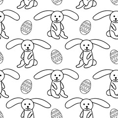 Bunnies and easter eggs seamless pattern hand drawn in doodle