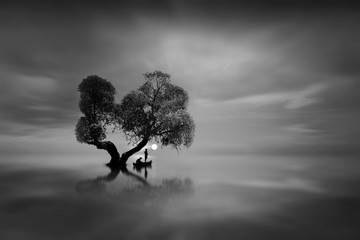 fishing the sun in blackwhite